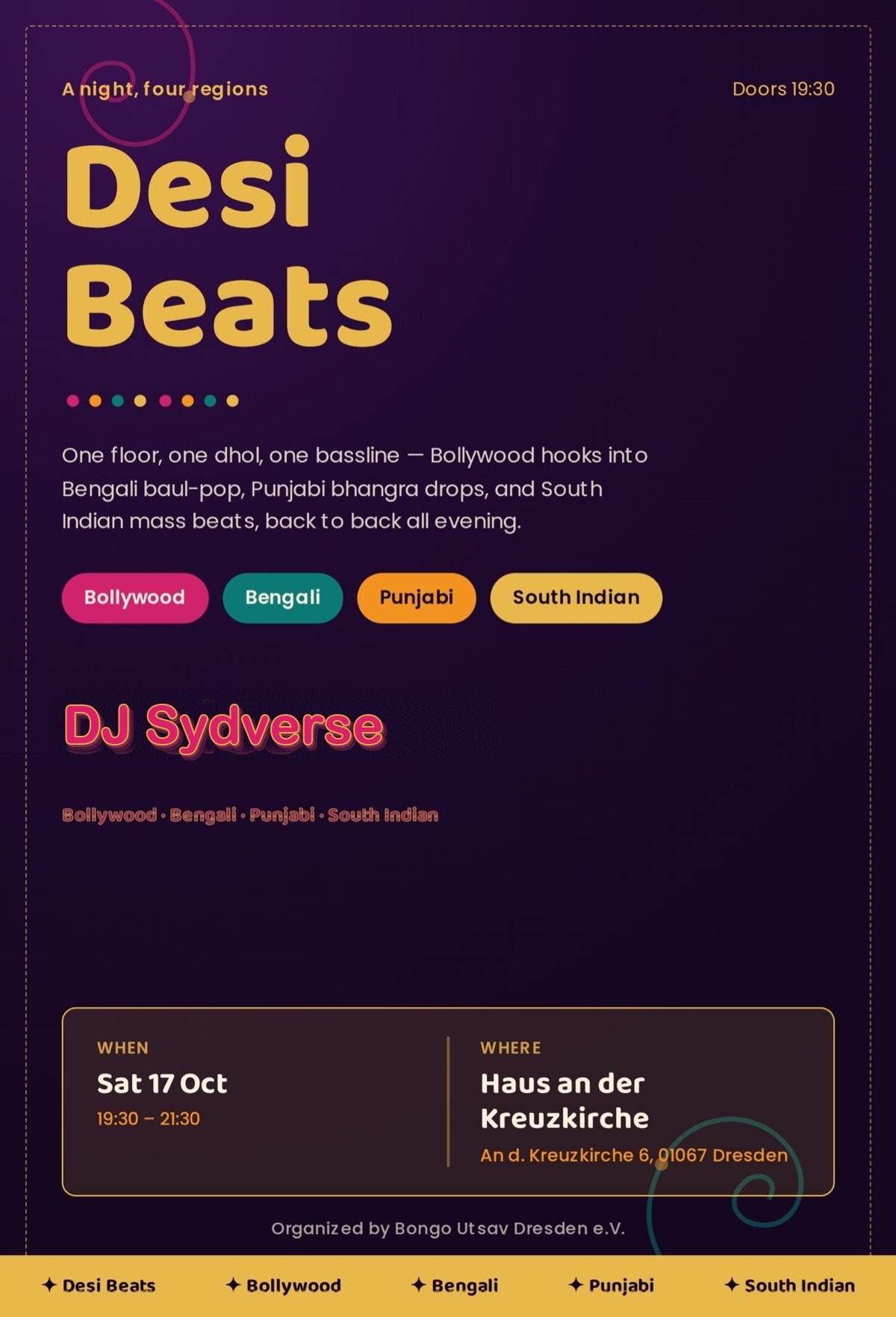 Desi Beats poster — DJ SidS, Saturday 17 October, doors 19:30, Haus an der Kreuzkirche, An d. Kreuzkirche 6, 01067 Dresden