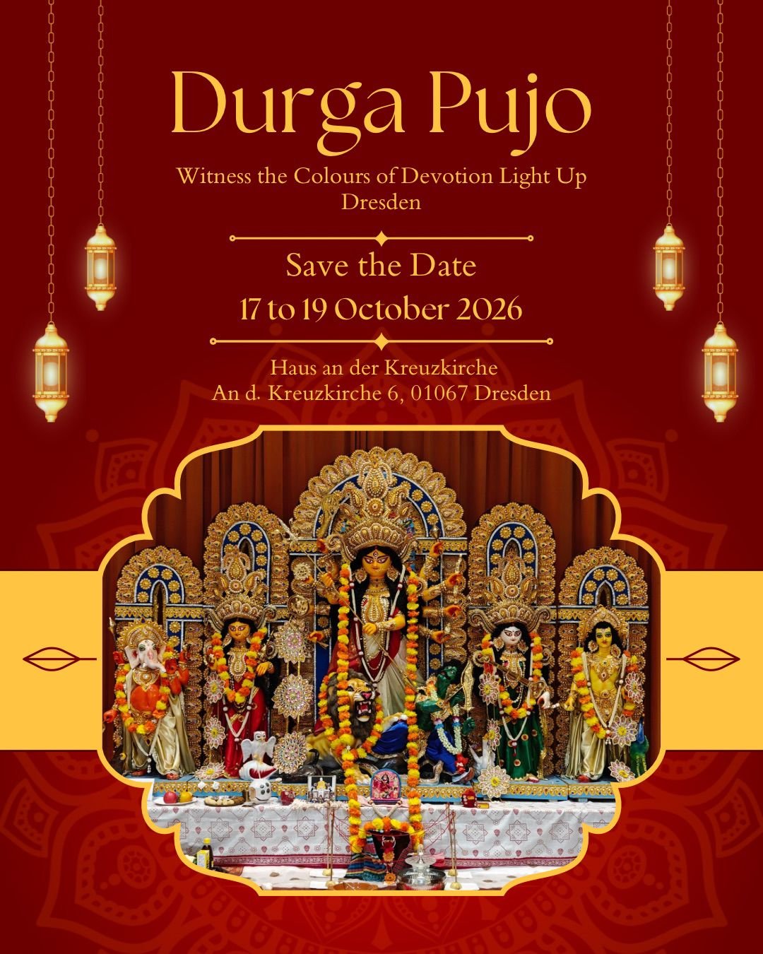 Durga Pujo 2026 invitation — 17 to 19 October 2026, Haus an der Kreuzkirche, Dresden